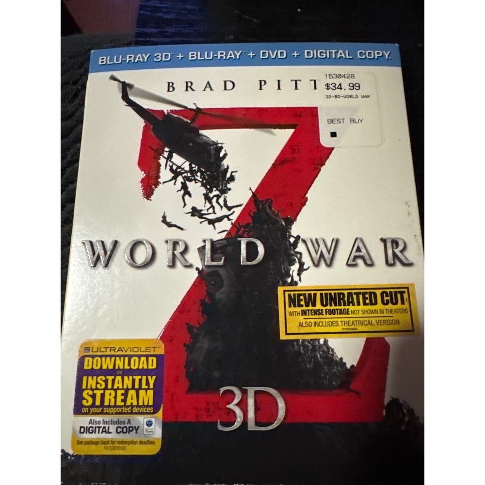 Paramount World War Z 3D Blu-ray DVD Digital Combo Pack Unrated Cut Brad Pitt EX